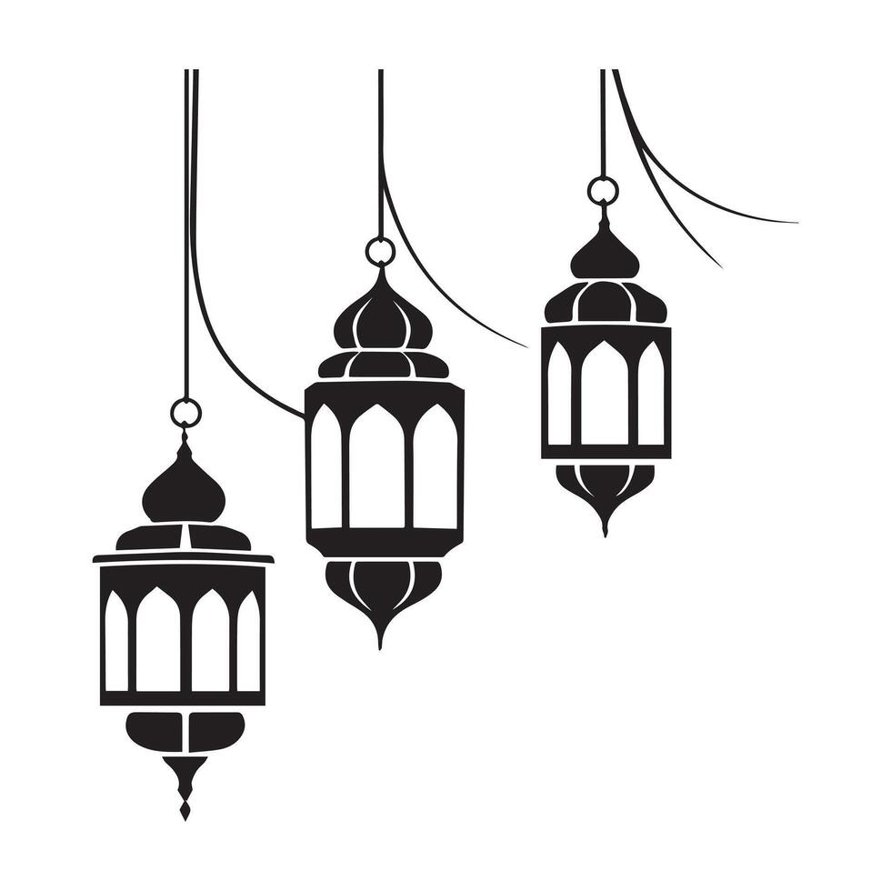 Three ornate Islamic lanterns, in silhouette against a plain white background, hang from thin, implied cords. vector