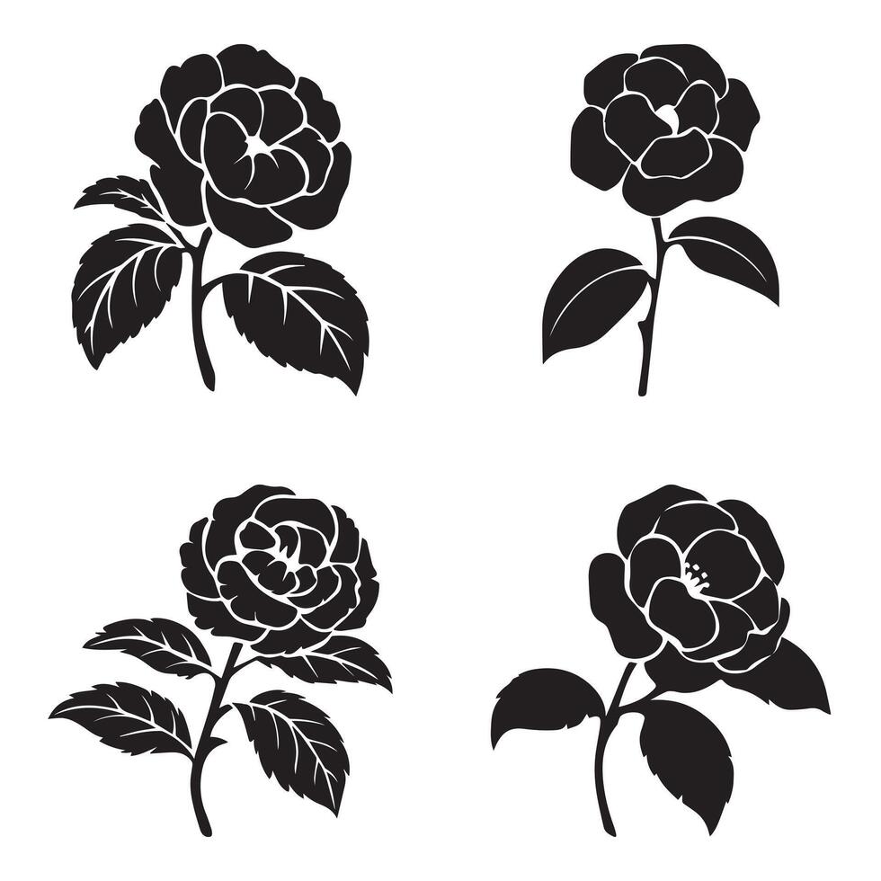 This image features four stylized, black silhouette illustrations of camellia or rose flowers. vector