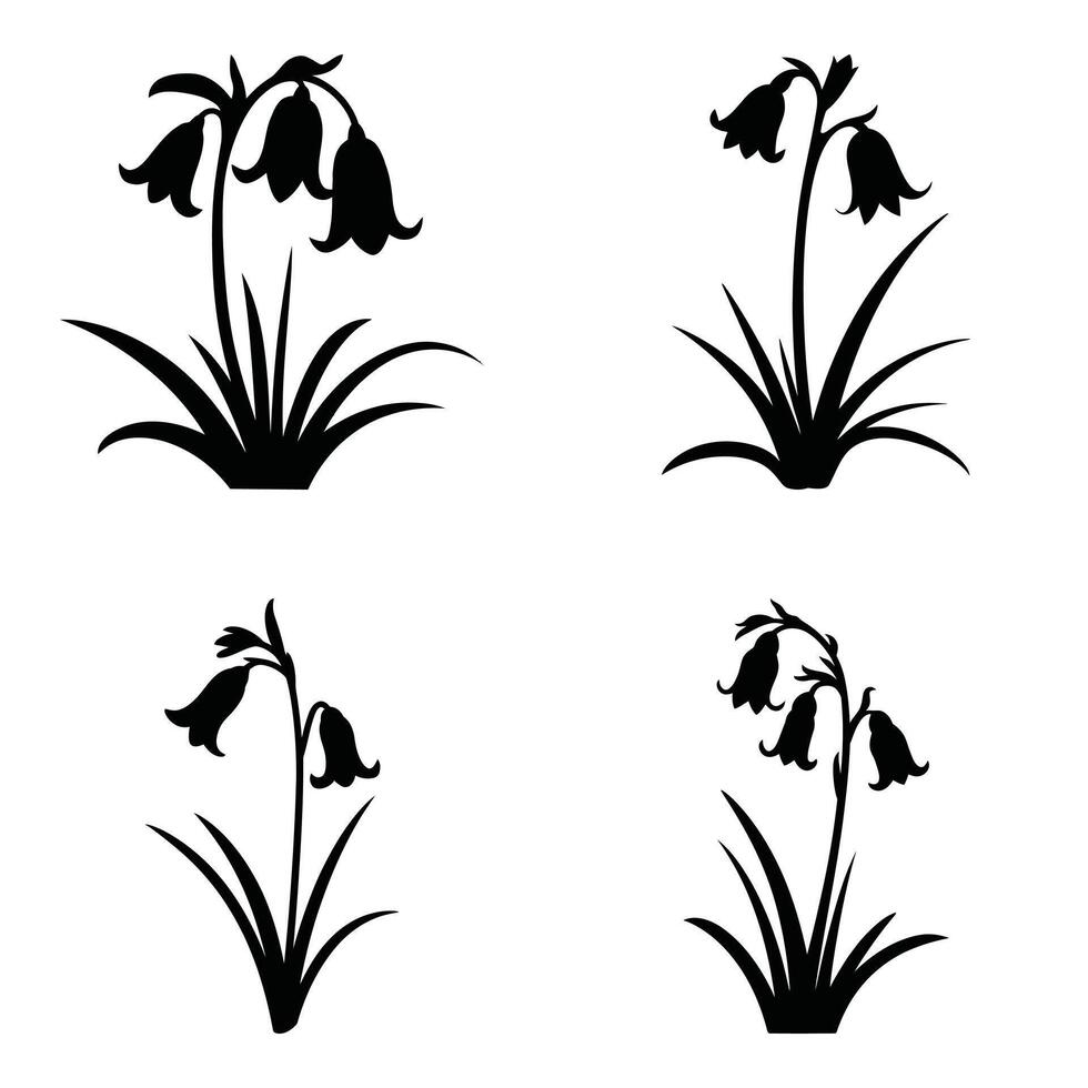 Elegant black and white silhouette illustrations of four small bell-shaped bluebell flowers with grass, ideal for spring-themed design projects or decorative elements. vector