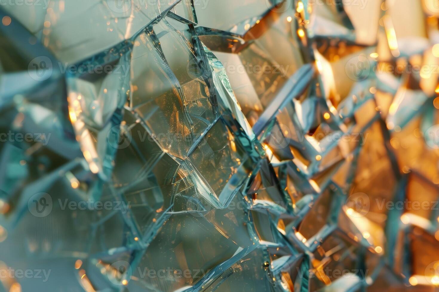 Broken glass reflecting golden light creating abstract shapes photo