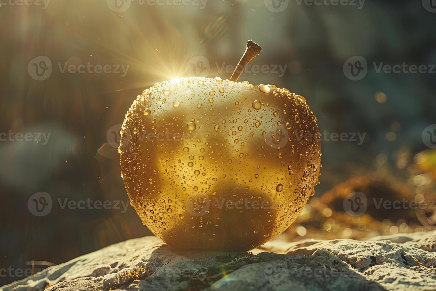 Golden apple shining on stone in magical forest at sunset photo