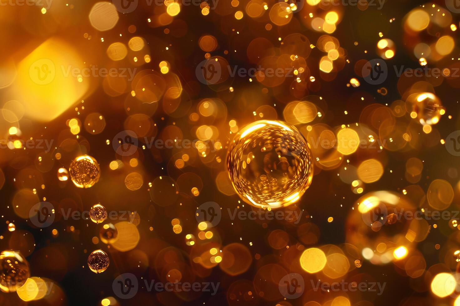 Golden bokeh bubbles floating and glowing on dark background photo