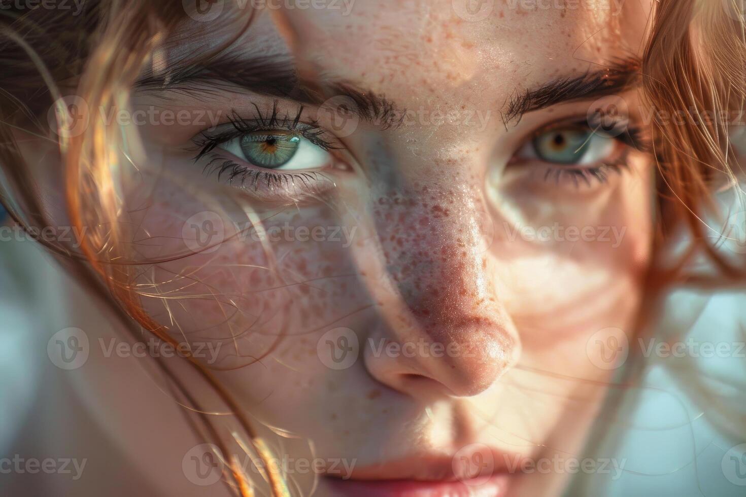 Close up portrait of redhead model showing freckles and eyes photo