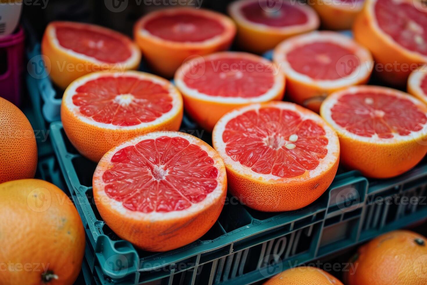 Freshly cut grapefruits displayed on market stall showing vibrant red flesh photo
