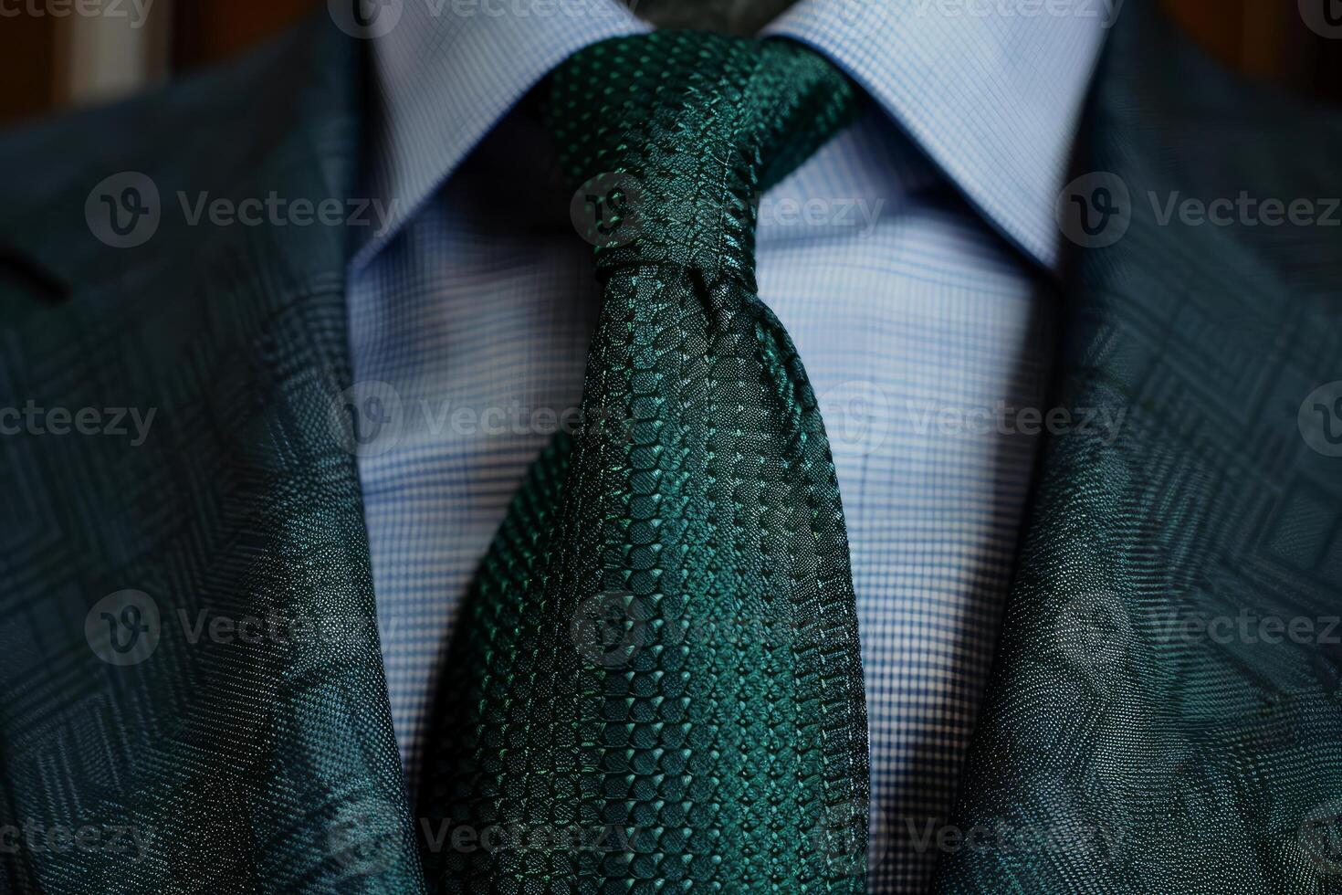 Elegant man wearing stylish green suit and tie, close up of fashionable necktie photo