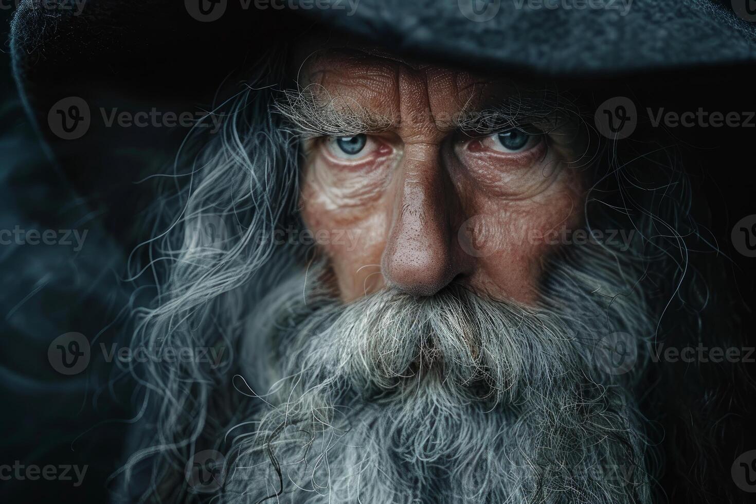 Senior wizard wearing pointed hat and looking powerful under hood photo