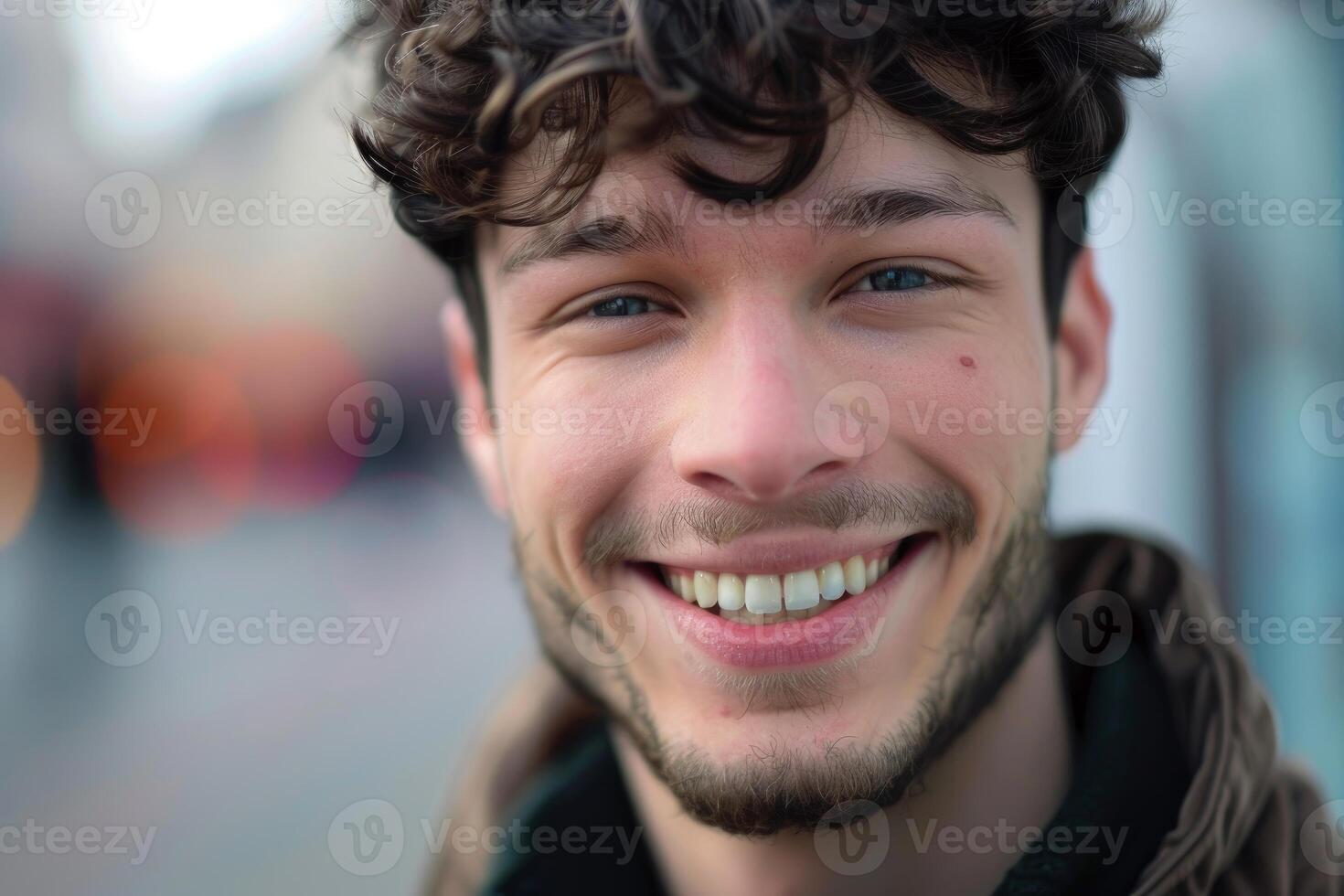 Portrait of a smiling young man with curly hair showing happiness and confidence photo