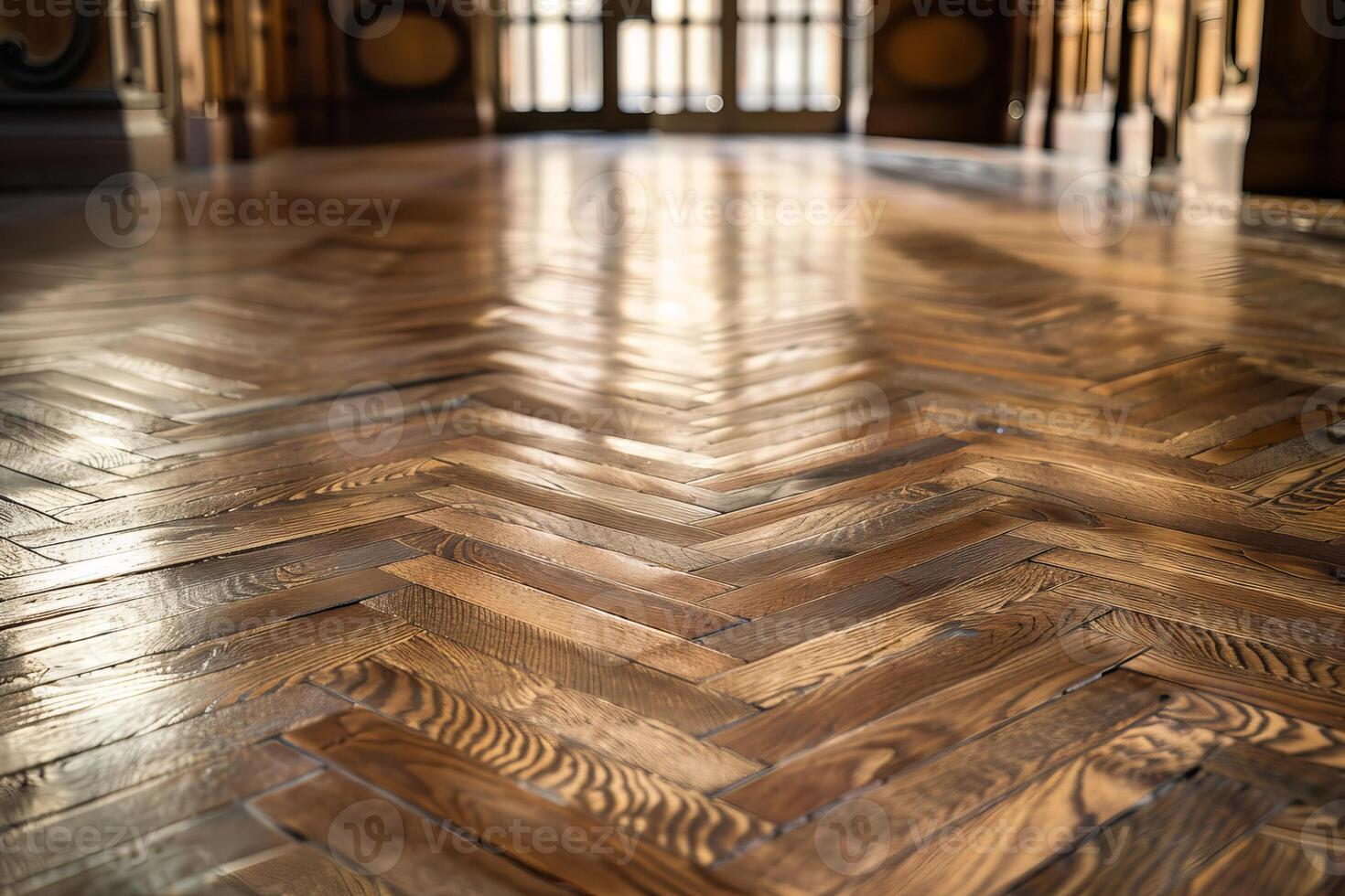 Polished herringbone parquet floor reflecting sunlight in elegant interior photo