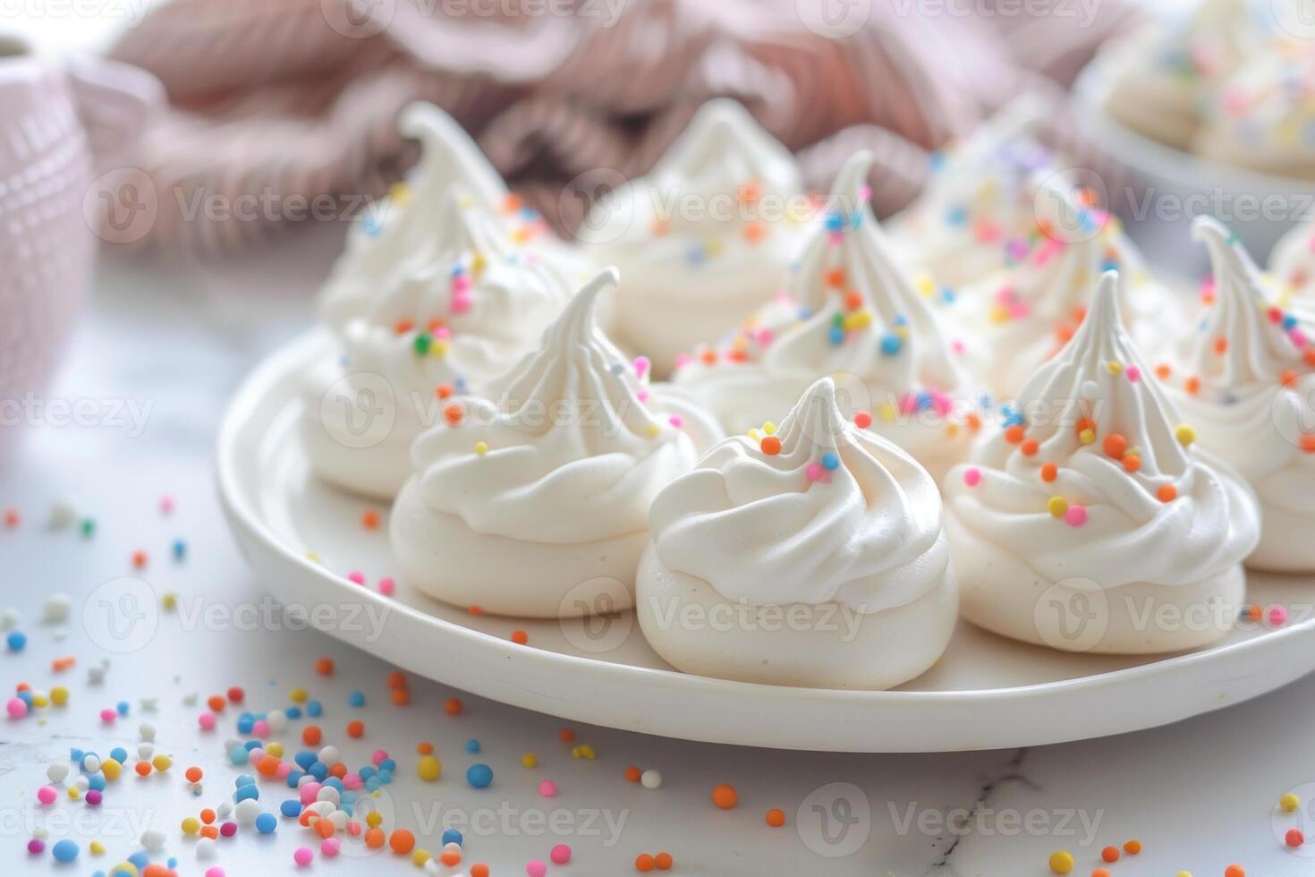 Delicious meringue cookies decorated with colorful sprinkles resting on white plate photo