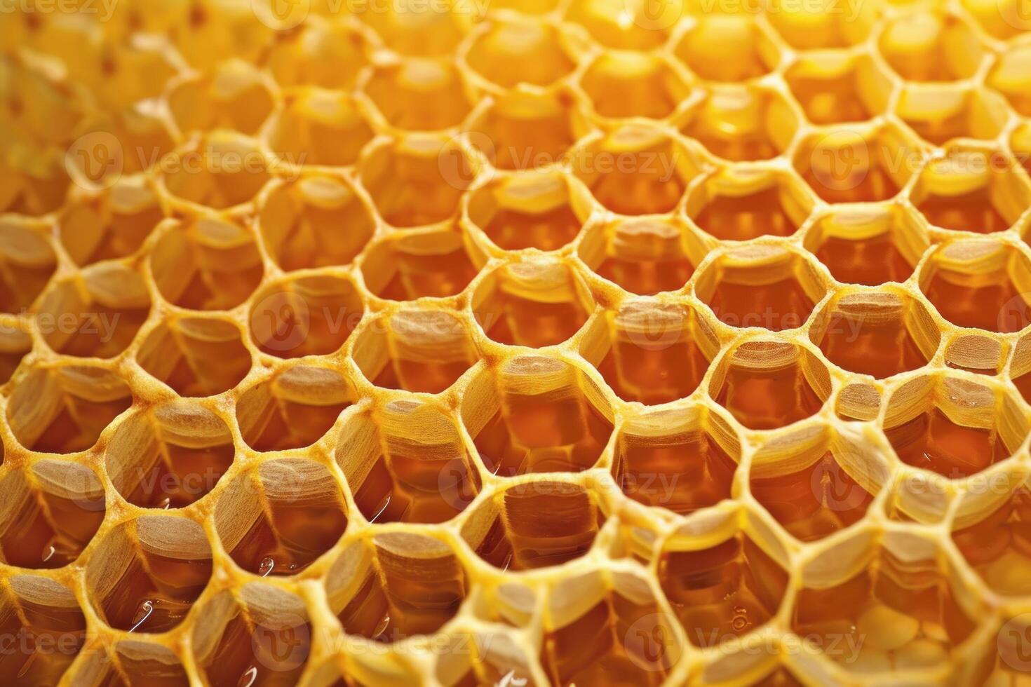Close up of honeycomb showing perfect hexagonal structure containing golden honey photo