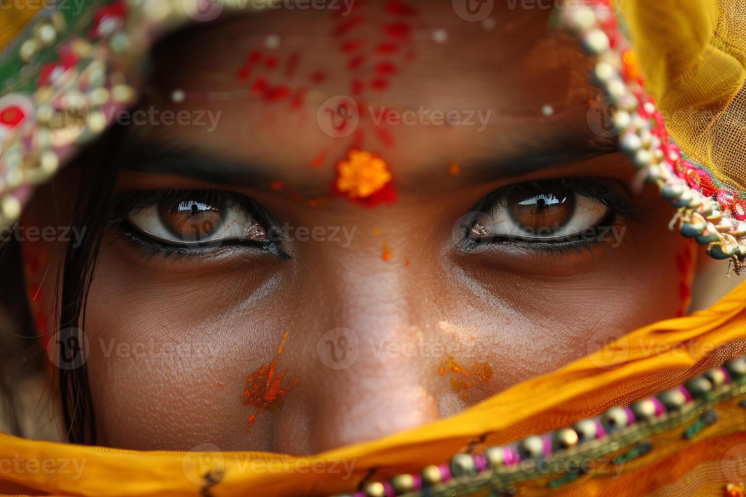 Indian woman wearing traditional clothes and makeup gazing with expressive brown eyes photo