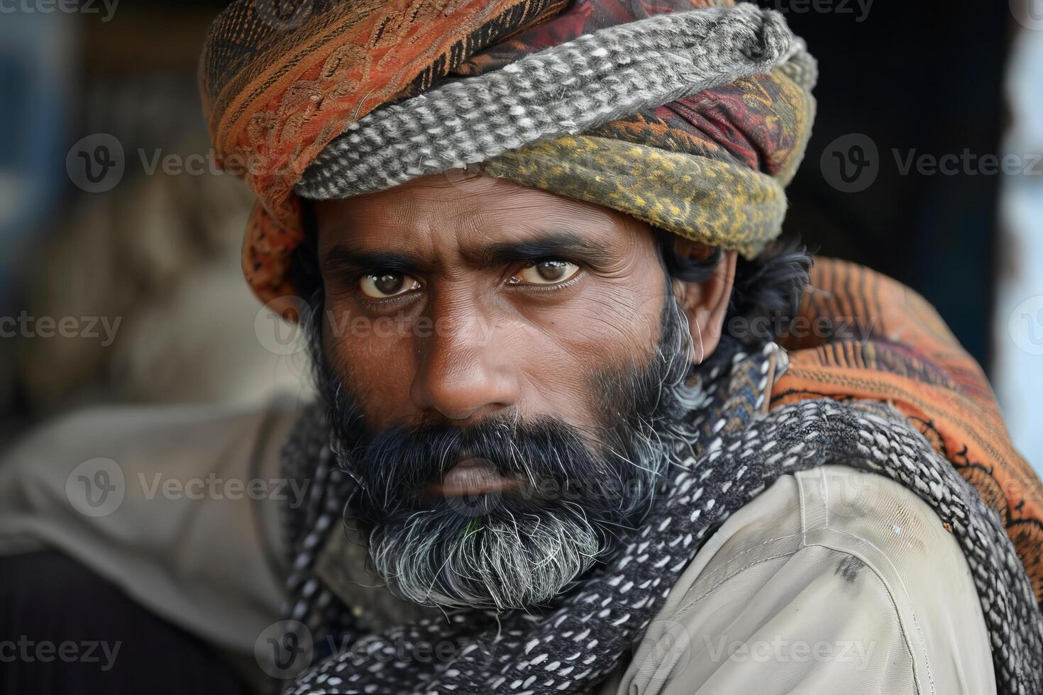 Portrait of a bearded indian farmer wearing a traditional turban and shawl photo