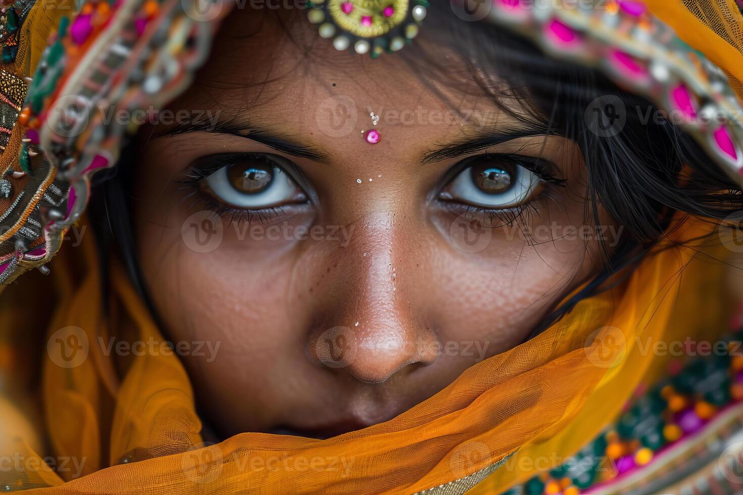 Indian woman wearing traditional clothes and jewelry hiding her face with a veil photo