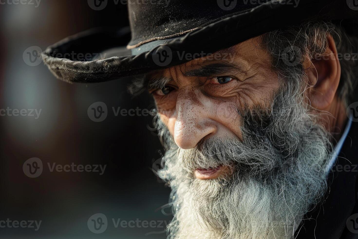 Senior man with long white beard and black hat posing for portrait photo