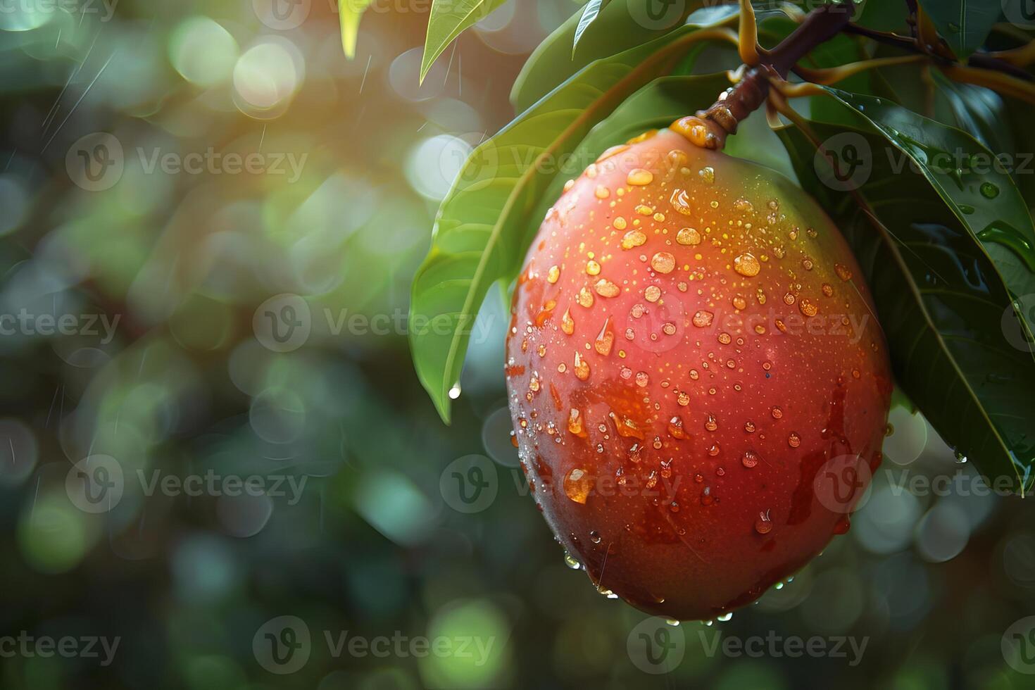 Fresh mango fruit growing on tree with water droplets in orchard photo