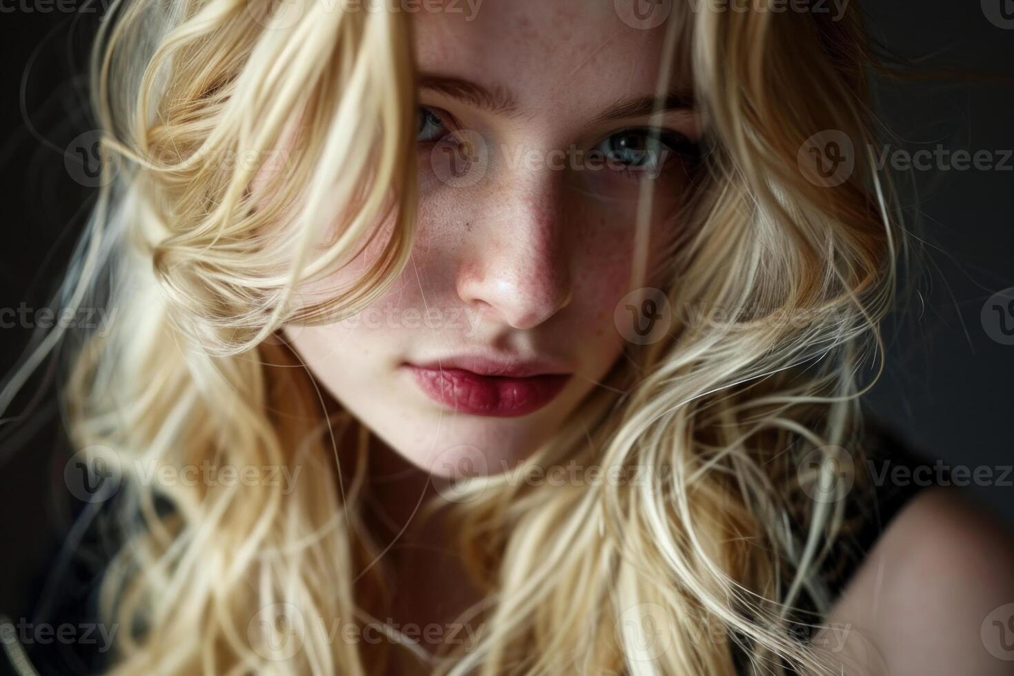 Blonde woman with freckles showing intense emotion photo