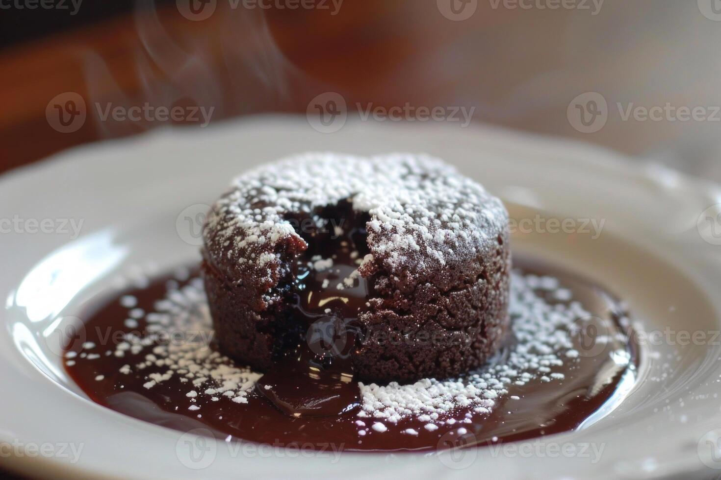 Steaming hot chocolate lava cake with powdered sugar photo