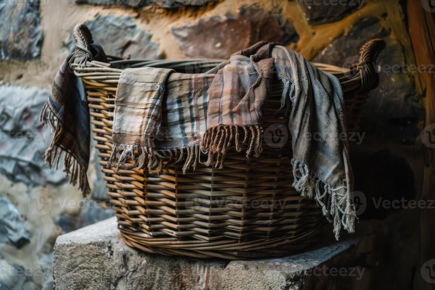 Wicker laundry basket overflowing with cozy plaid blankets in rustic setting photo