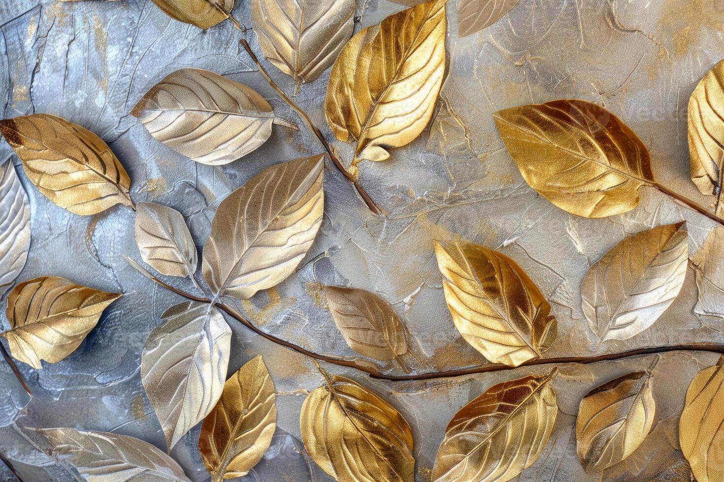 Golden and silver leaves creating an elegant decorative pattern on textured background photo