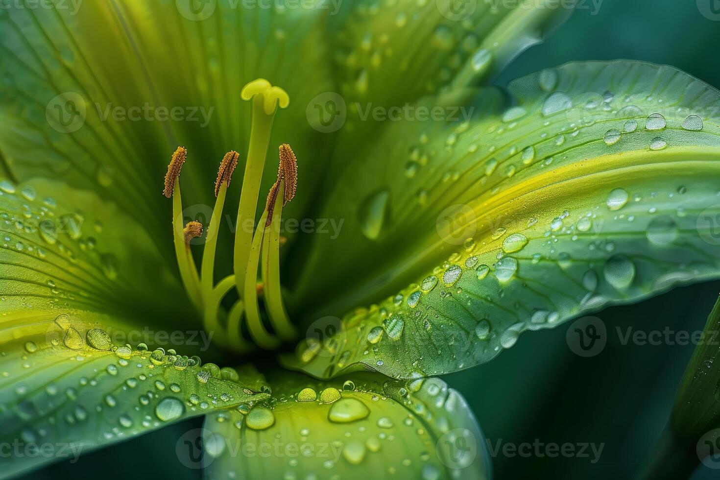 Close up of green lily showing dew drops and pistils photo