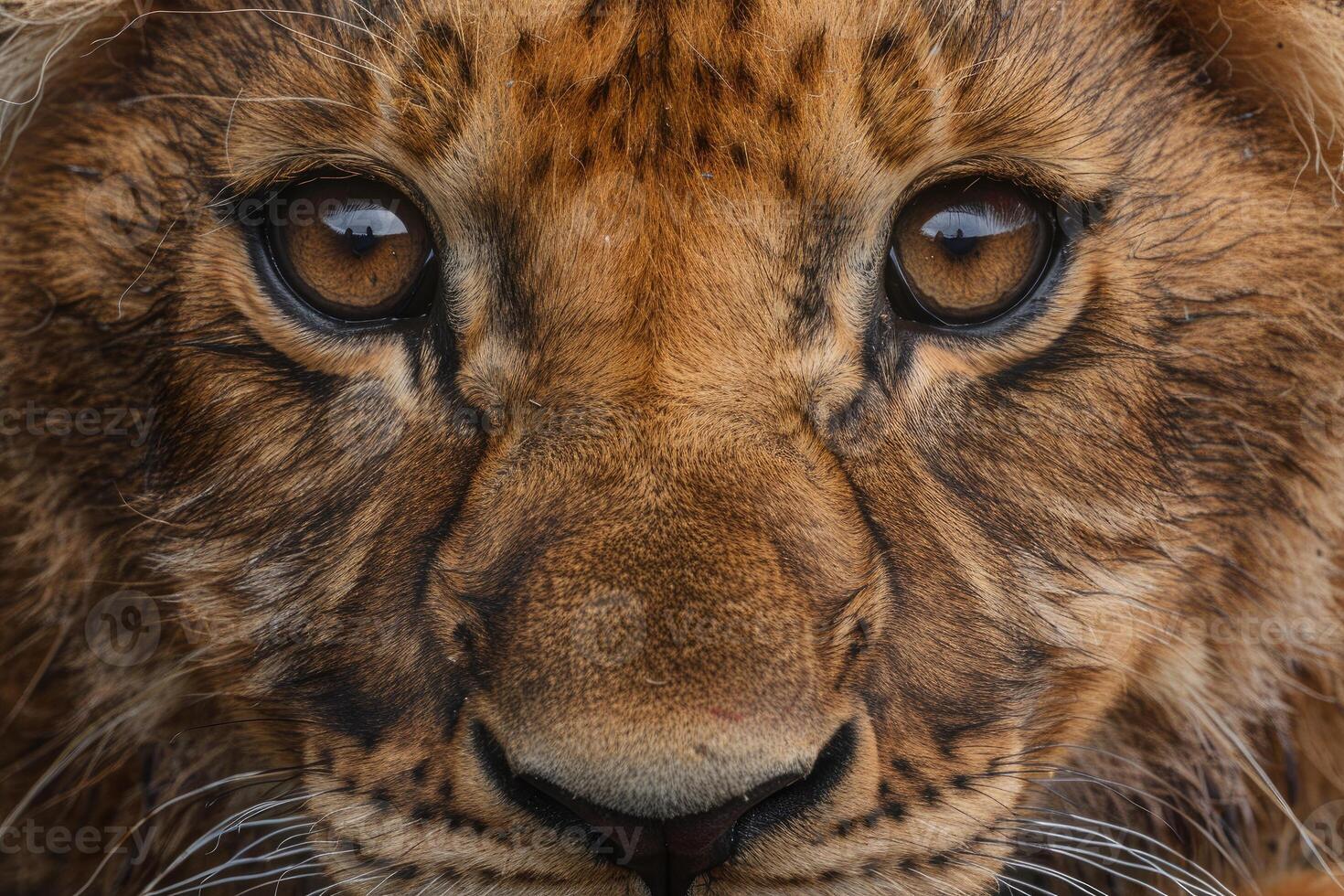 Lion cub staring with intense gaze into the distance photo