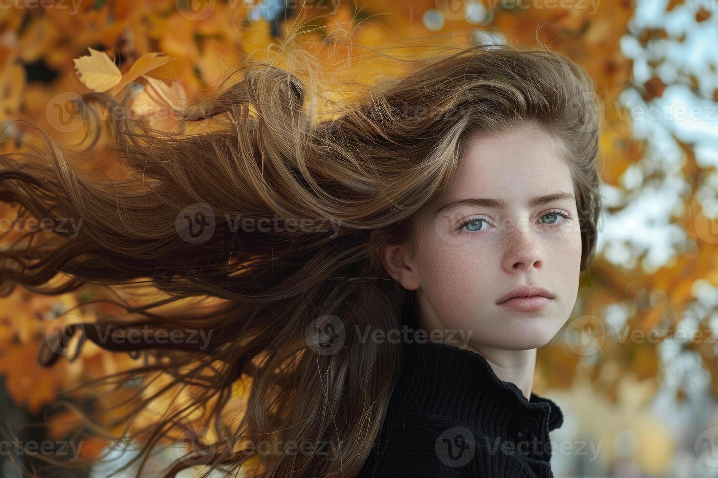 Teenager girl with long hair blowing in wind in autumn leaves background photo