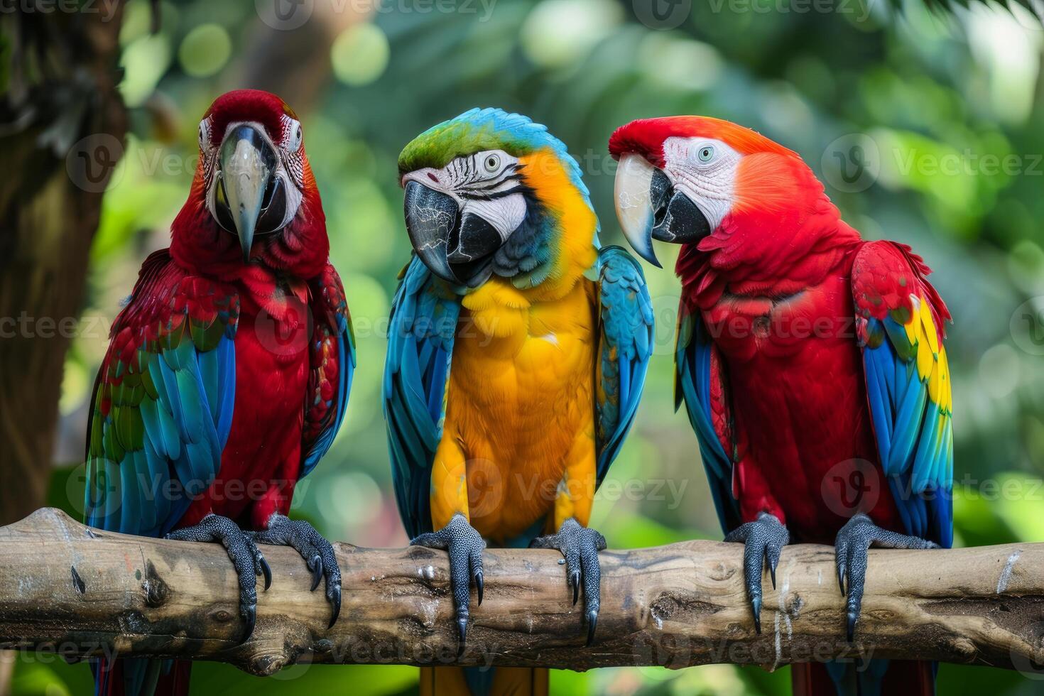 Three colorful macaws perching on branch in lush green forest photo