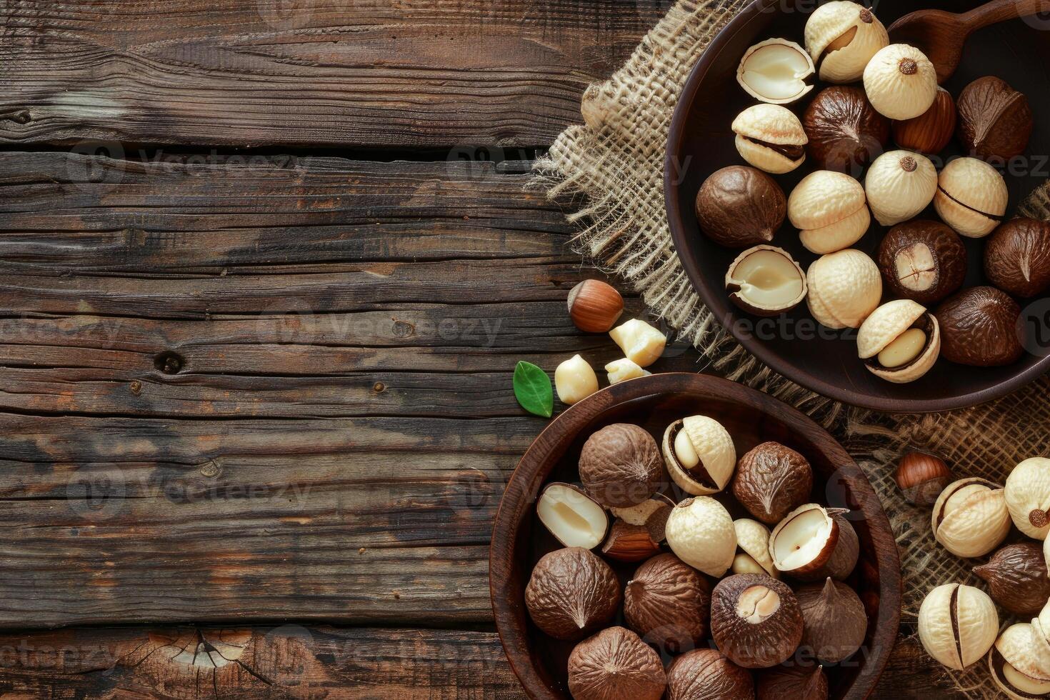 Macadamia nuts displayed on rustic wooden bowls creating a delightful culinary scene photo