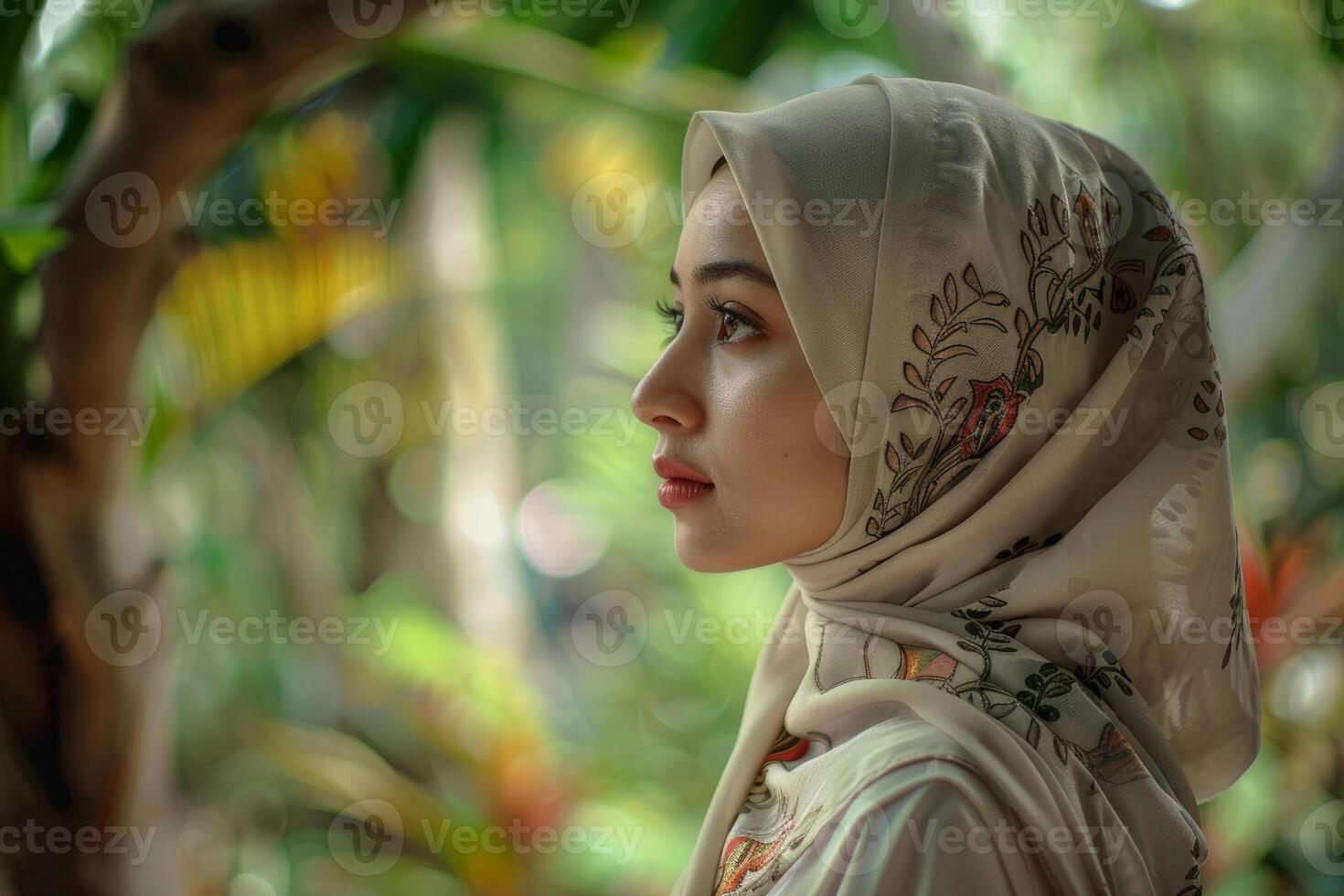 Young muslim woman wearing hijab looking away in tropical garden photo