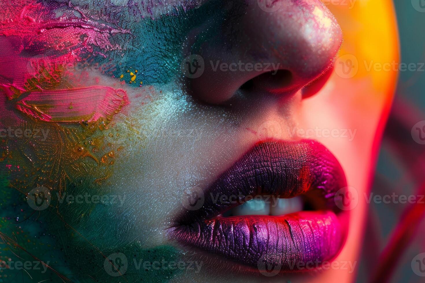 Colorful makeup on model's face creating vibrant artistic look photo
