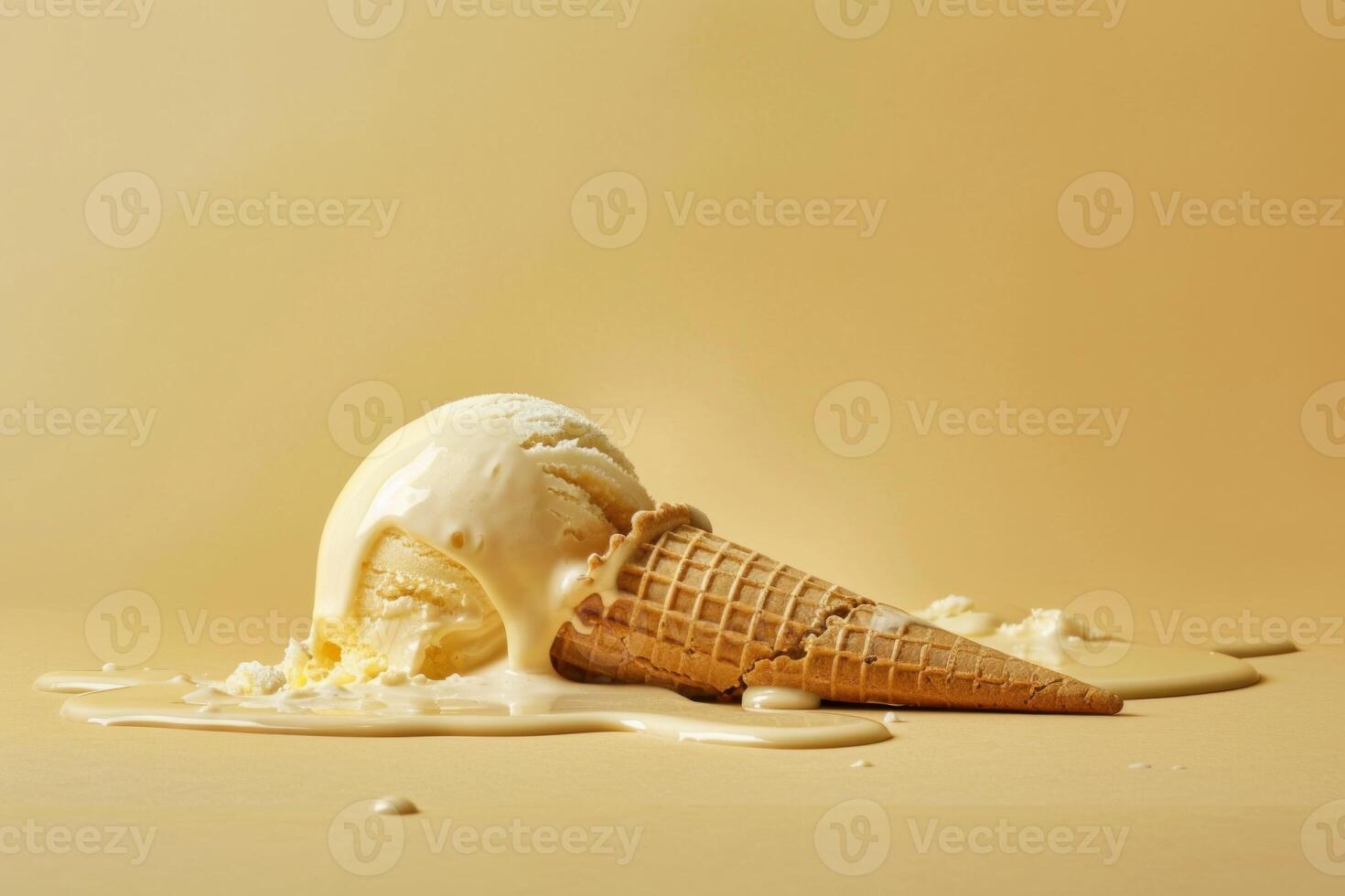 Melting vanilla ice cream cone on yellow background photo