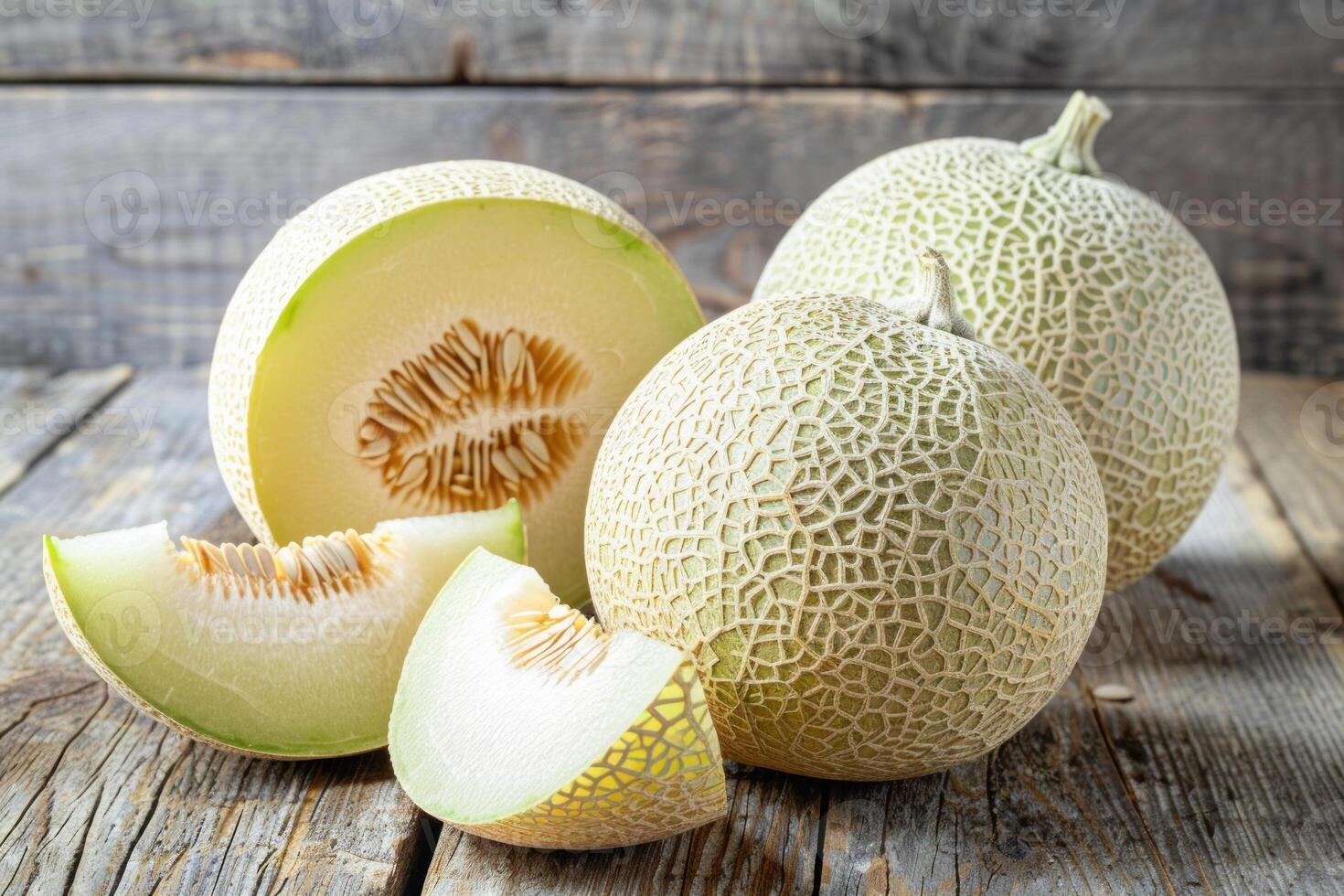 Whole and sliced fresh muskmelons resting on rustic wooden table photo