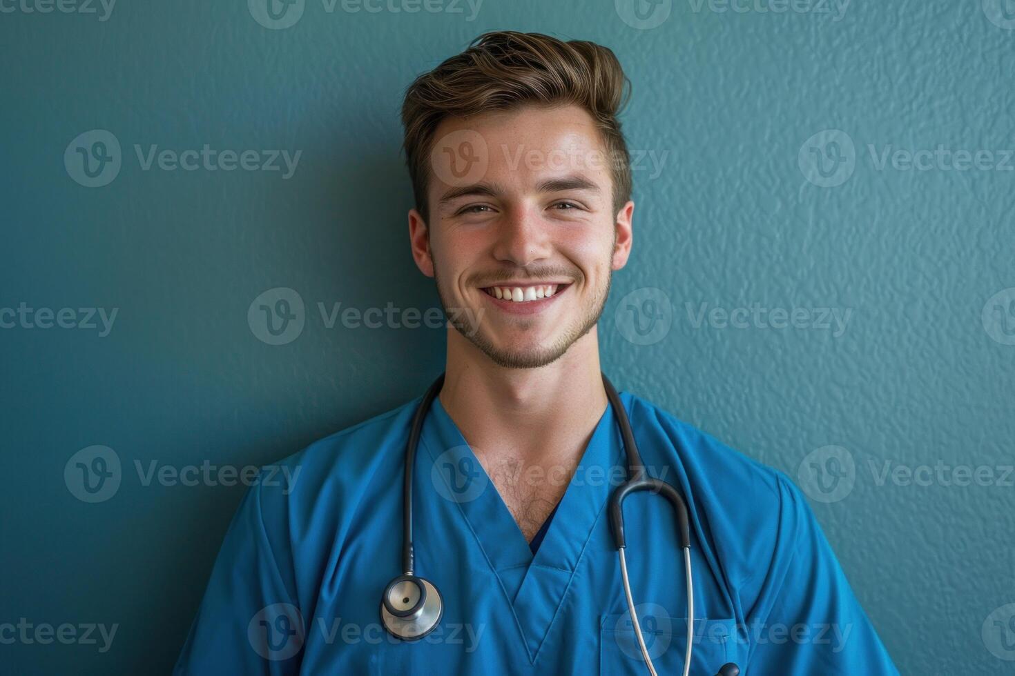 Portrait of smiling young doctor wearing stethoscope and scrubs against teal background photo