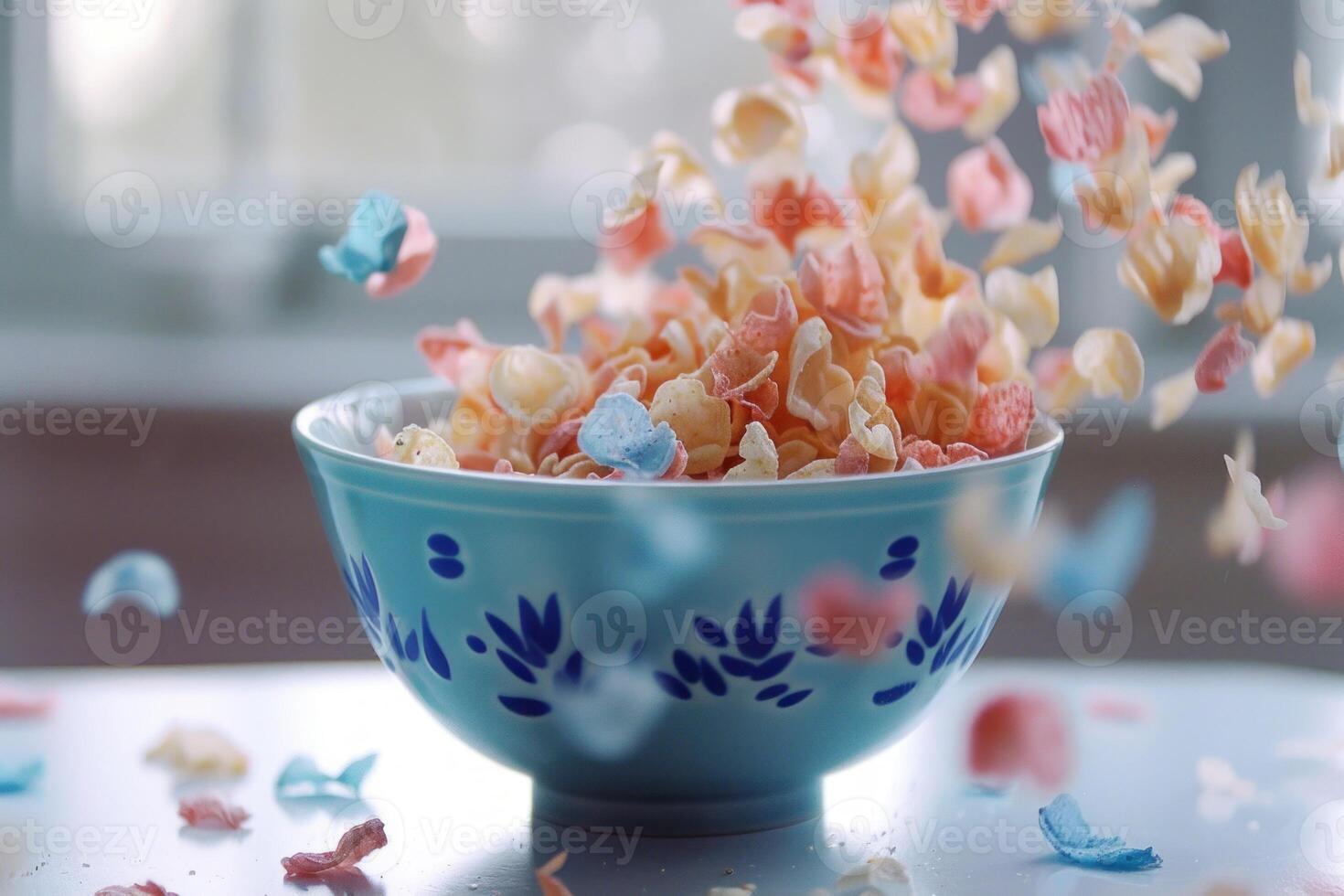 Colorful cereal flakes falling and splashing into a blue bowl photo