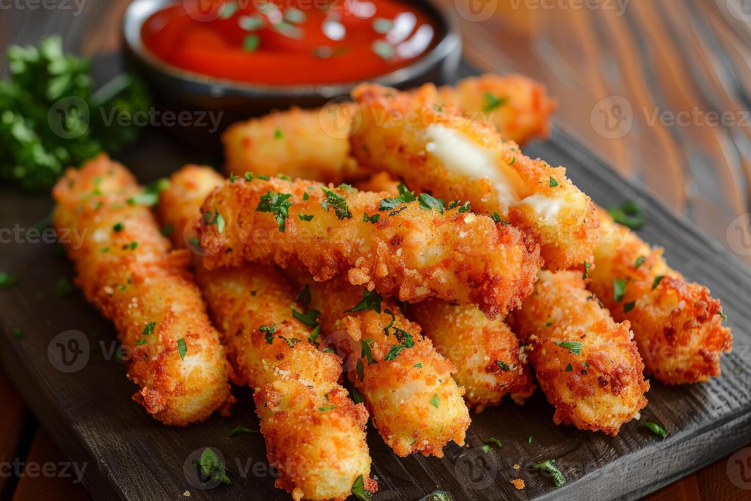 Delicious fried mozzarella sticks with marinara dipping sauce and parsley garnish photo