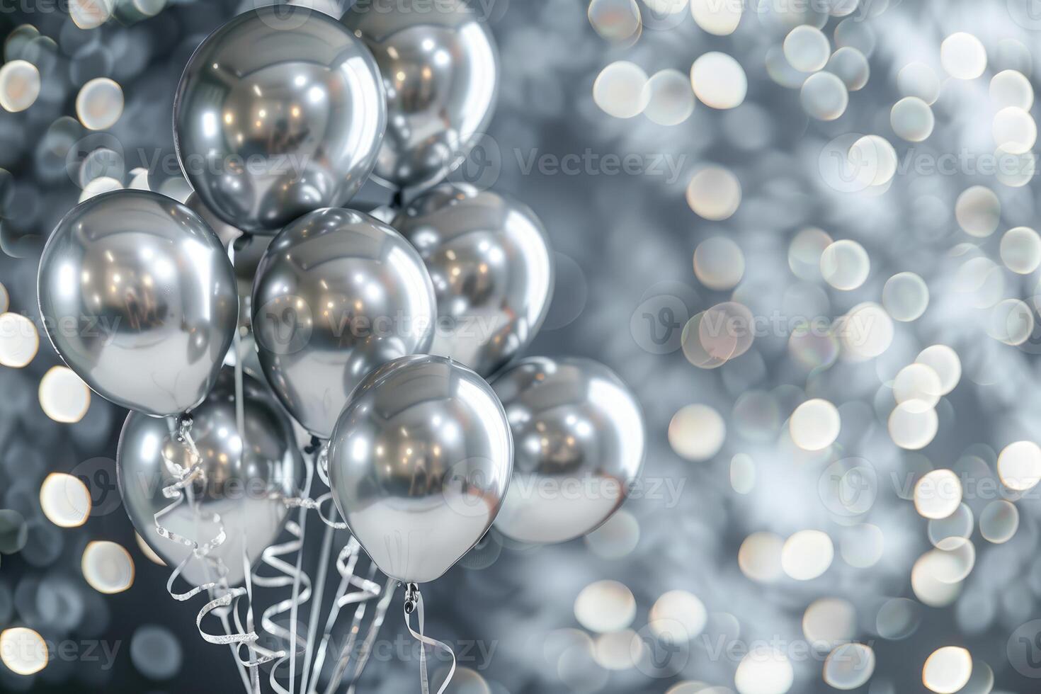 Silver balloons floating on a sparkling background representing celebration or festivity photo