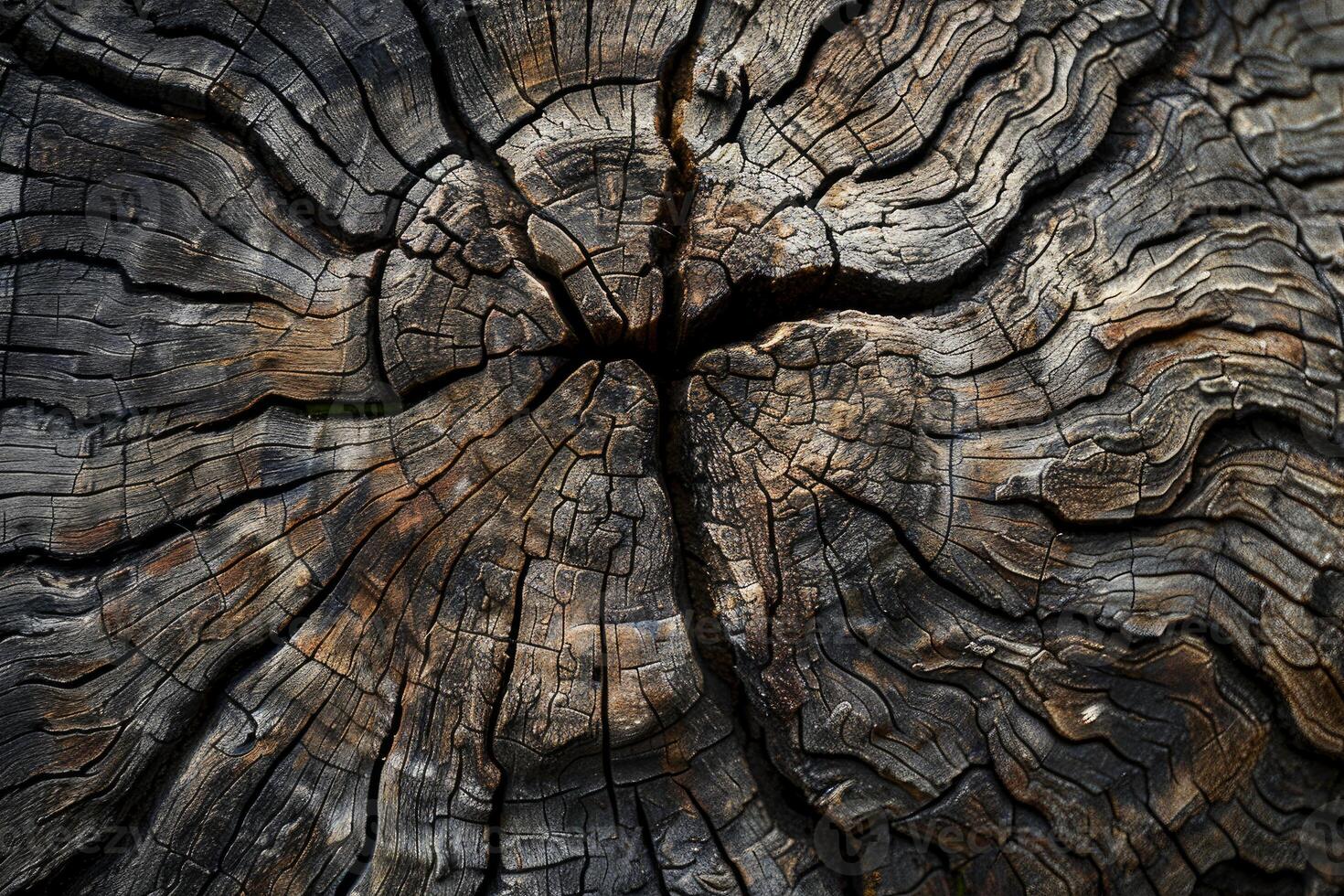 Close up of weathered tree stump showing growth rings and cracks photo