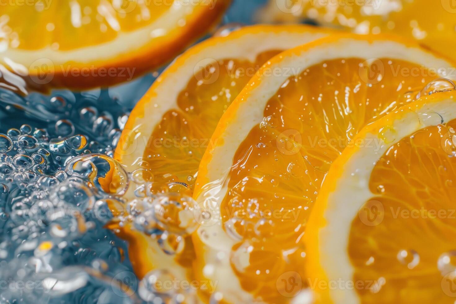 Orange slices splashing into refreshing water, creating bubbles and a burst of citrus flavor photo