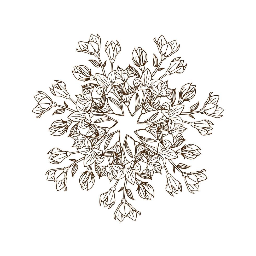A refined floral arrangement rotated symmetrically seven times, forming an intricate botanical motif. Perfect for luxury branding, textile patterns, and digital wallpapers. vector