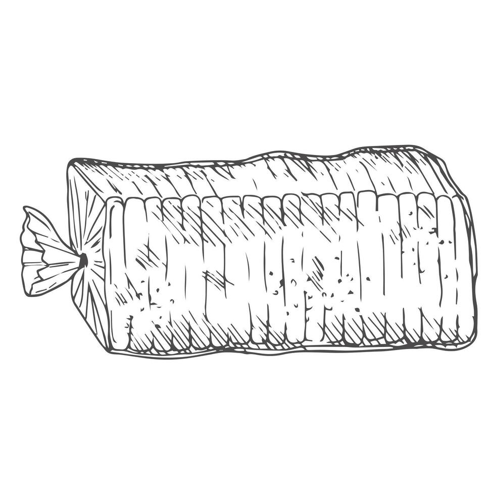 Hand drawn sketch of slices bread plastic packaging. Pack of sliced toast bread vector