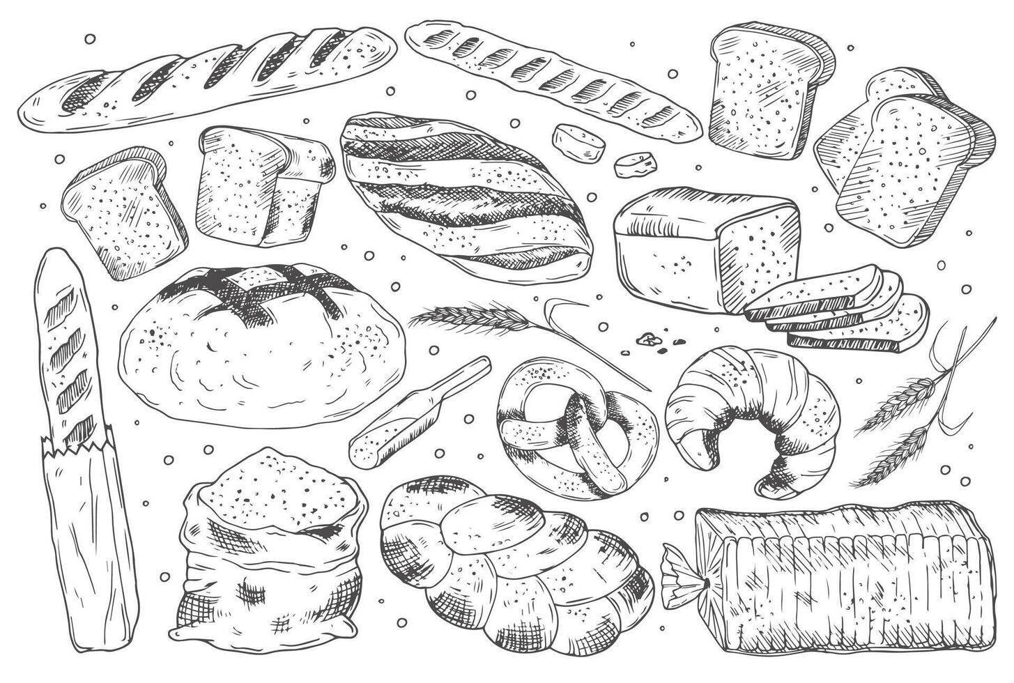 Bakery products set. Sketch with bread and bun, flour and wheat, loaf and bagel in hand drawn style. Farm, agriculture and cereals concept. Linear flat collection isolated on white background vector