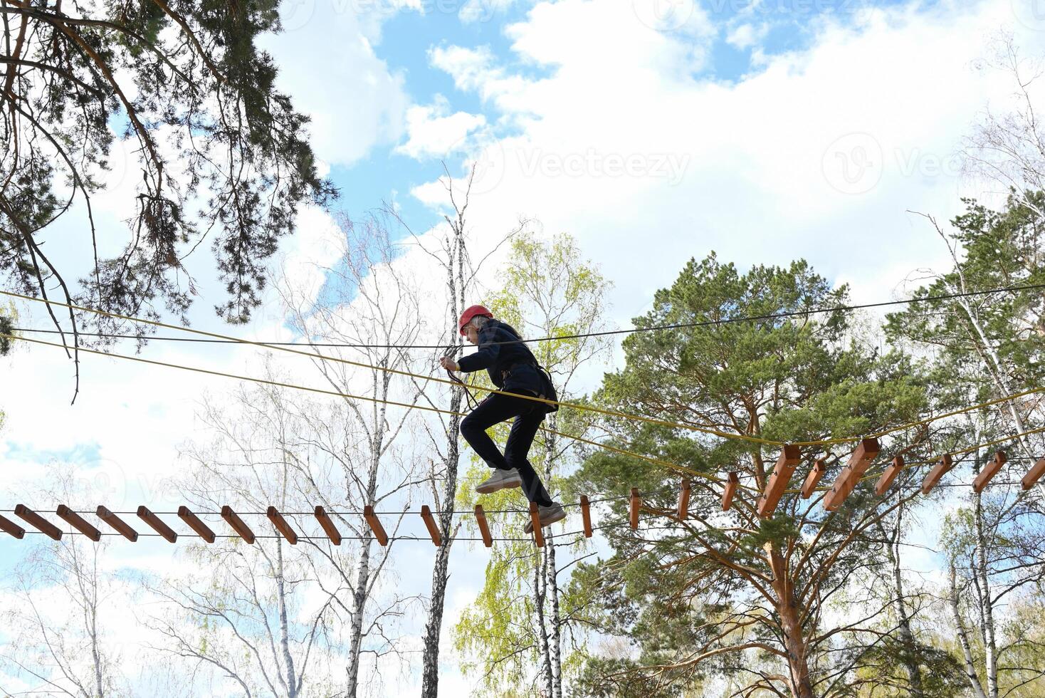 A moment of focus and agility, as someone walks across a suspended wooden plank, part of a more extensive adventure among the treetops. photo