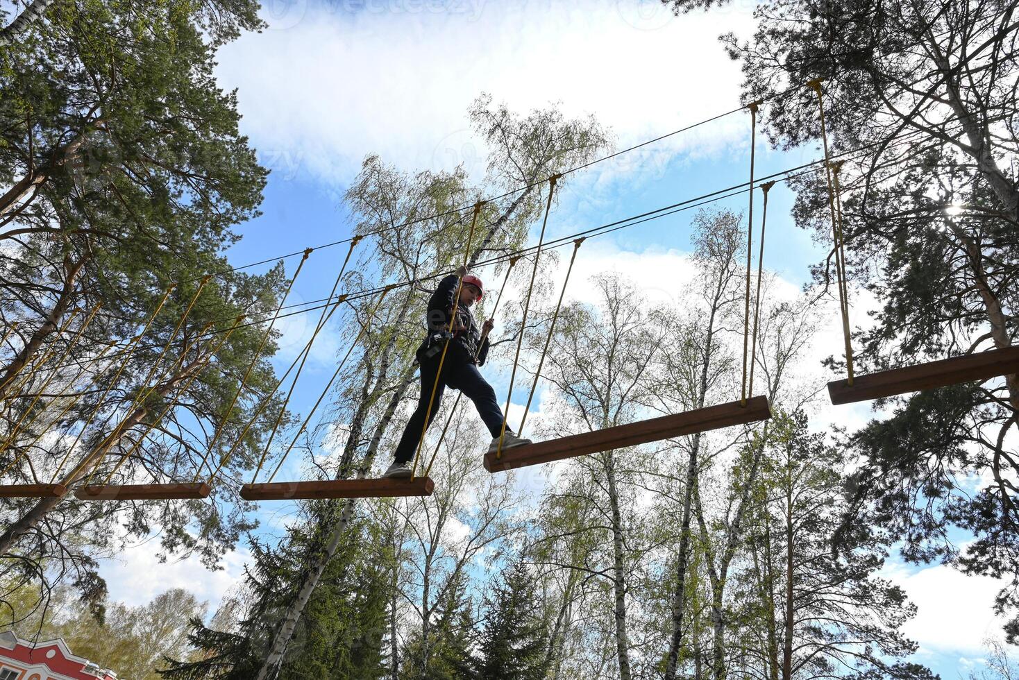 The image depicts someone high up on a ropes course, emphasizing the elevated perspective and the thrilling nature of the activity photo