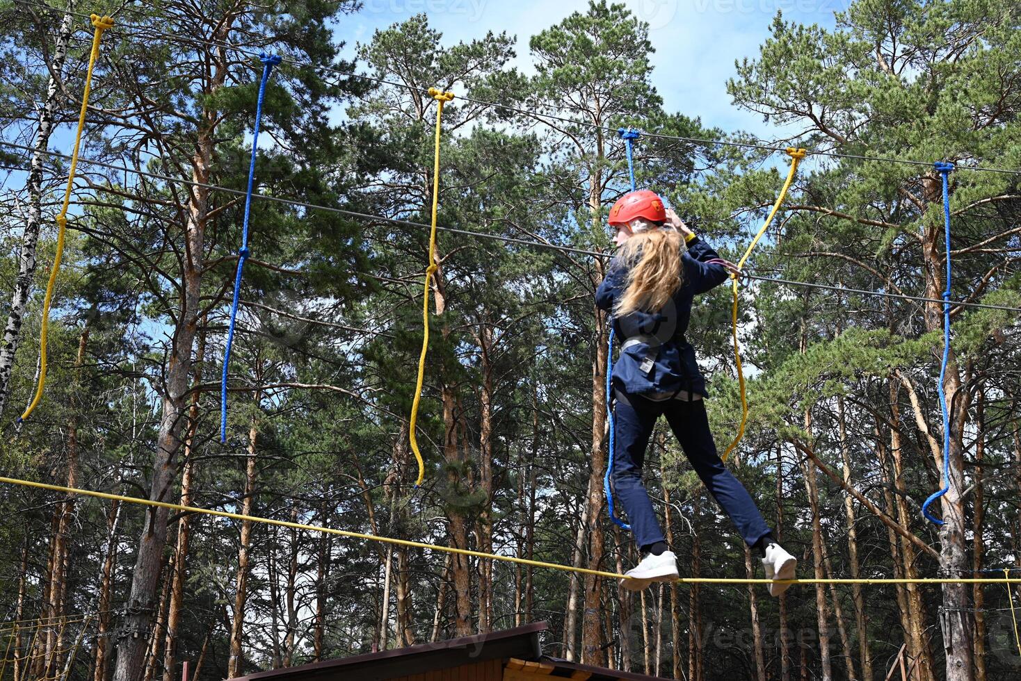 Amidst a canopy of trees and a network of ropes, a person, helmeted and focused, crosses a suspended bridge, showcasing a moment of courage and outdoor engagement. photo