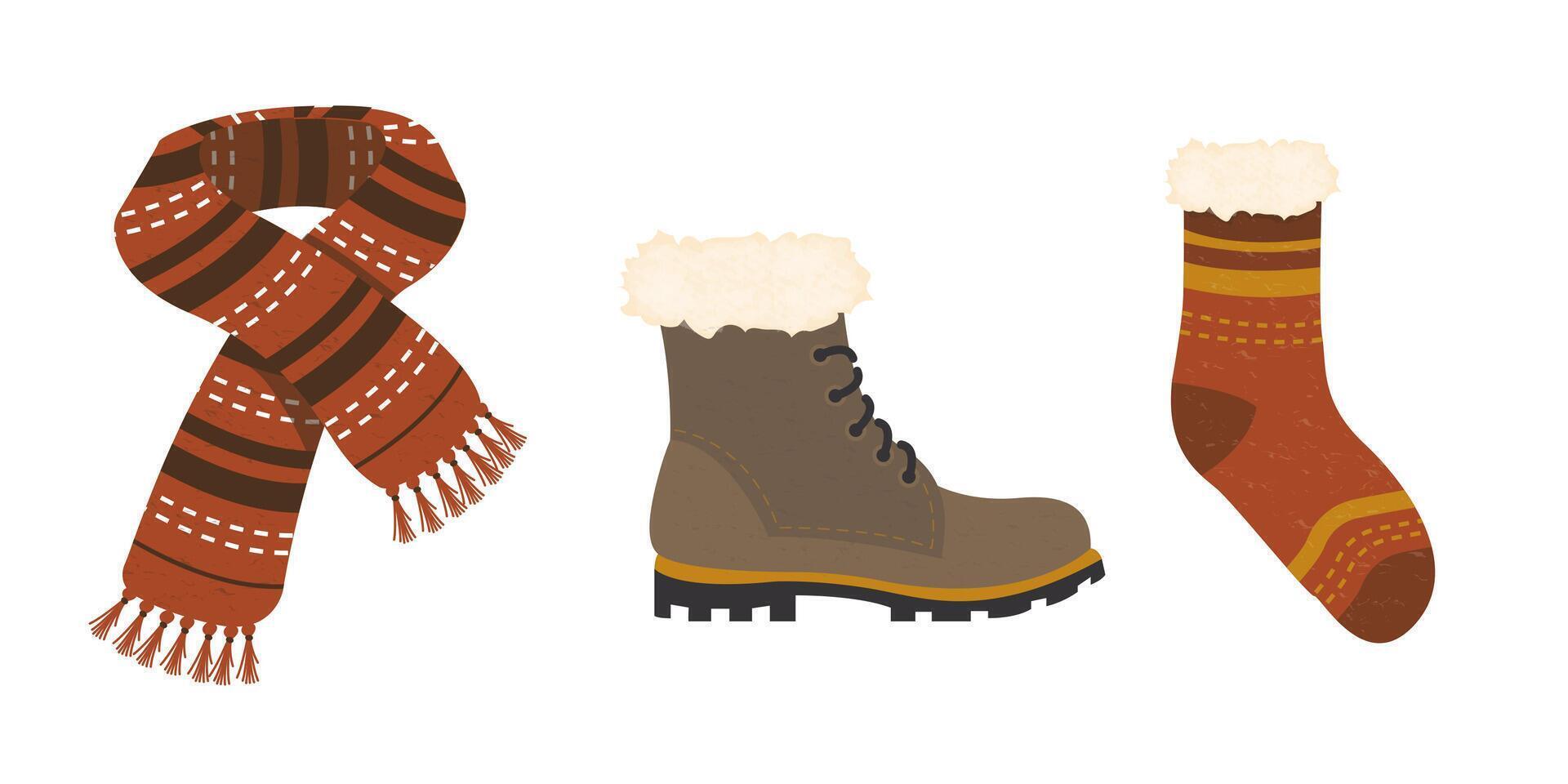 Collection of Autumn clothing objects scarf, fuzzy sock and leather boots vector