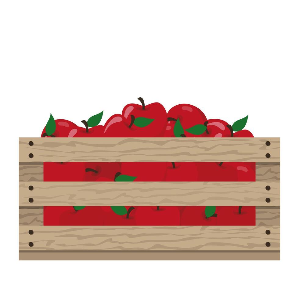 Wooden box container with red apple cartoon illustration vector