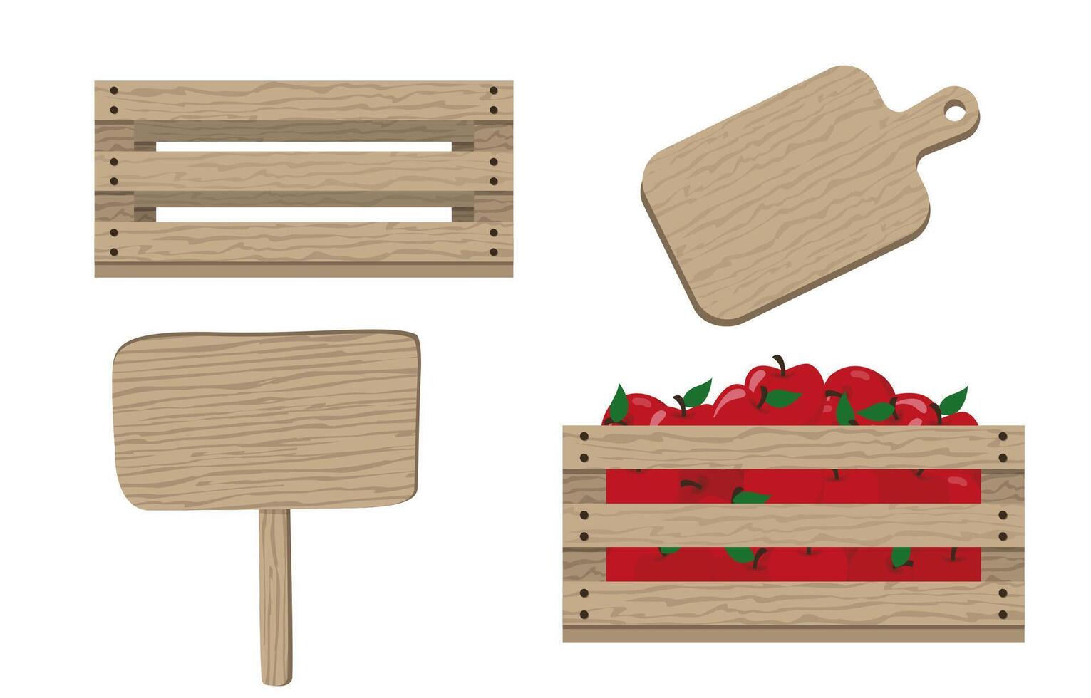 Collection of wooden objects box with red apple, cutting plate and sign board vector