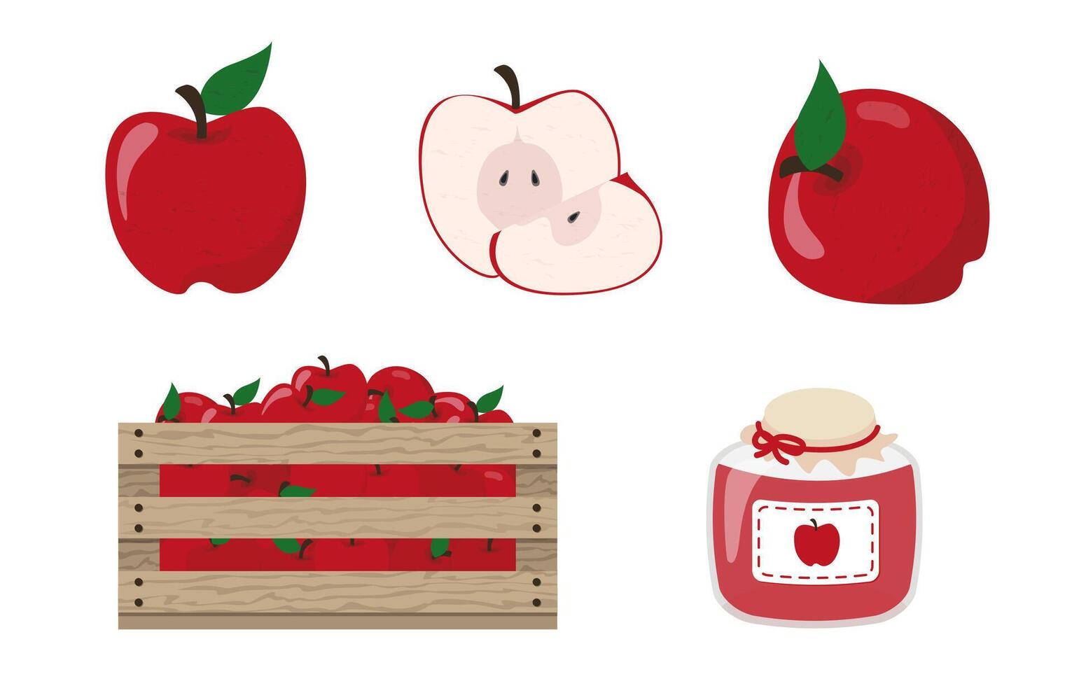 Collection of red apple items fruit slice glass jam bottle vector