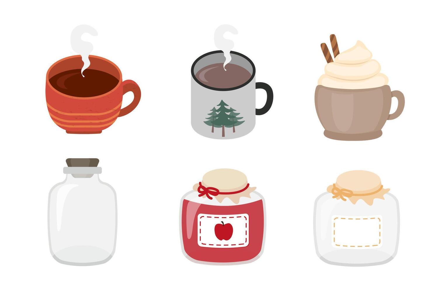 Elements Featuring hot drink, dessert sundae and fruit jam in a glass bottle vector