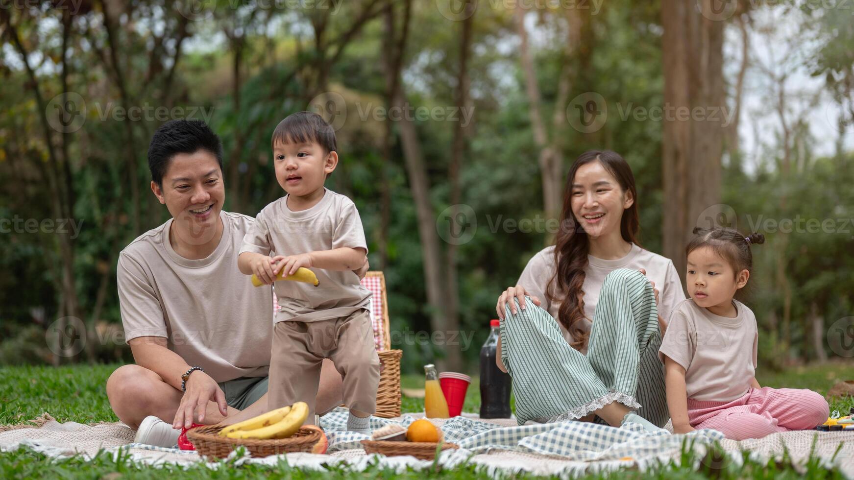 A happy Asian family enjoys a summer picnic in a public park. photo